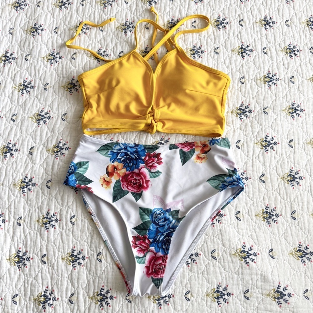 Yellow Bikini Top with Floral High-Waisted Bottom Women’s Size Medium